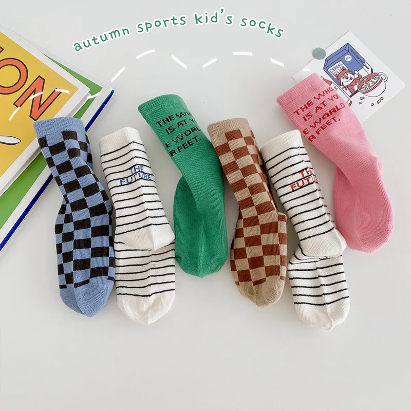 

3-12Y Boys Girls Socks 2023 Autumn Winter Cotton Sock Calf Length Checked Pattern 3 Pairs Baby Socks