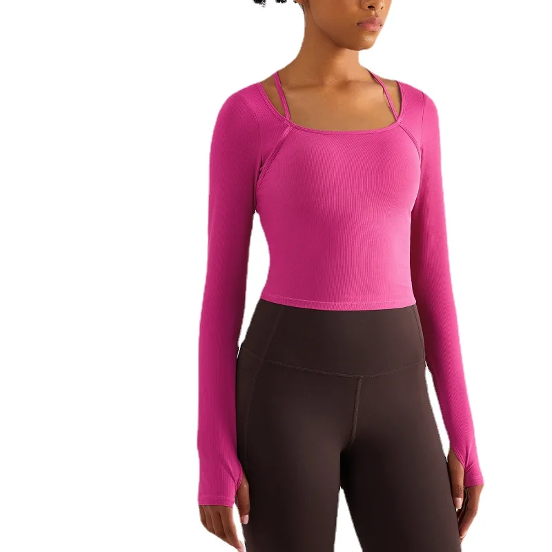 

Long Sleeve Sport Tops Women Neck Hanging Active Wear Gym Yoga Workout Top with Chest Pads Outdoor Sports Shirt Women