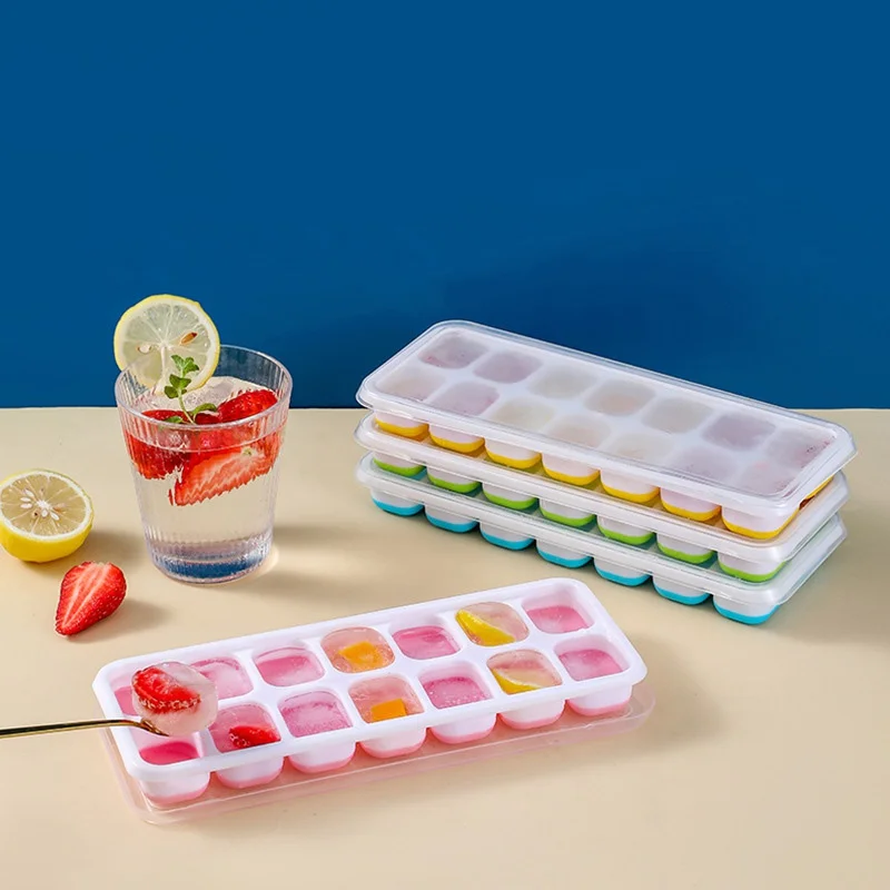 Square 14-cell Ice Cube Mold With Lid Silicone Soft Bottom DIY Ice Cream Maker Making Cube Trays Reusable Kitchen Tools