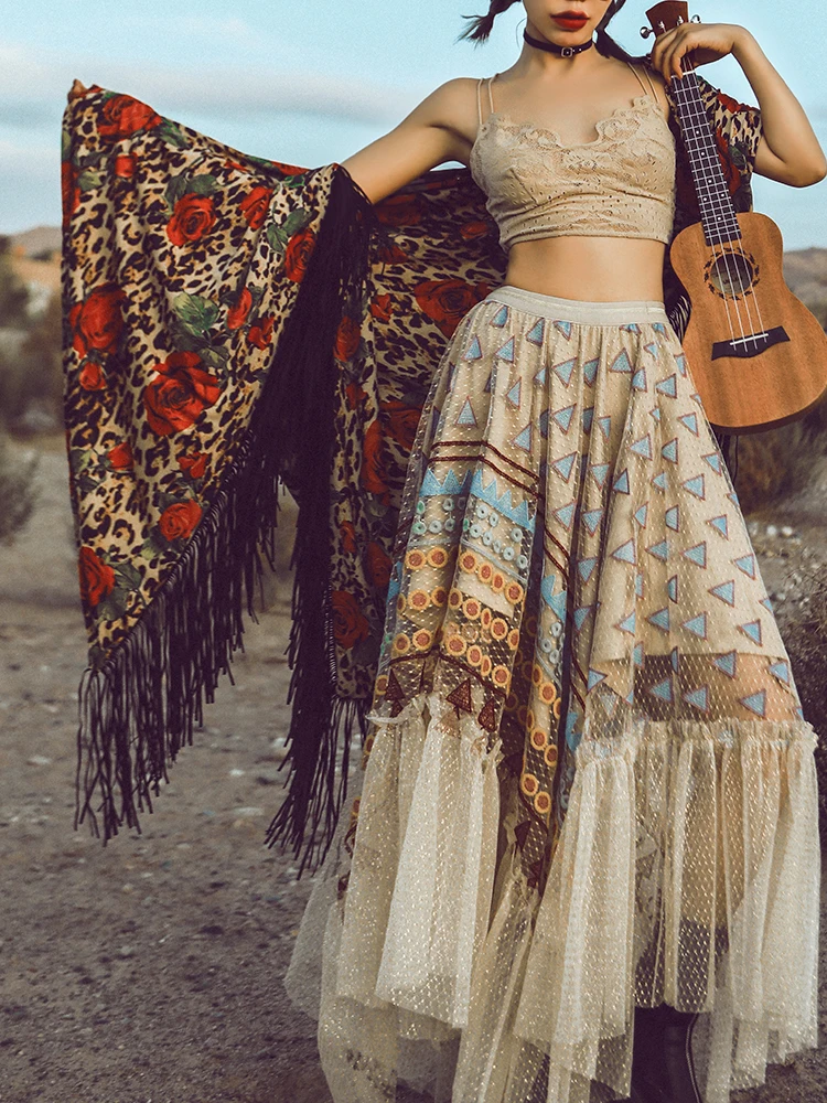 

Spring/Summer New In Bohemian Mesh Women Skirt High Quality Niche Design Vacation A-Line Skirt with Asymmetric Ruffle Hem