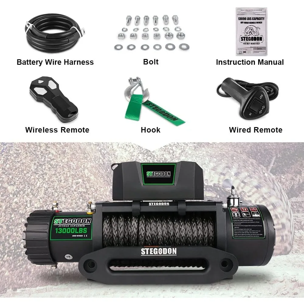 13000lb Electric 12V Waterproof Electric Synthetic Rope Winch with Wireless Handheld Remote and Corded