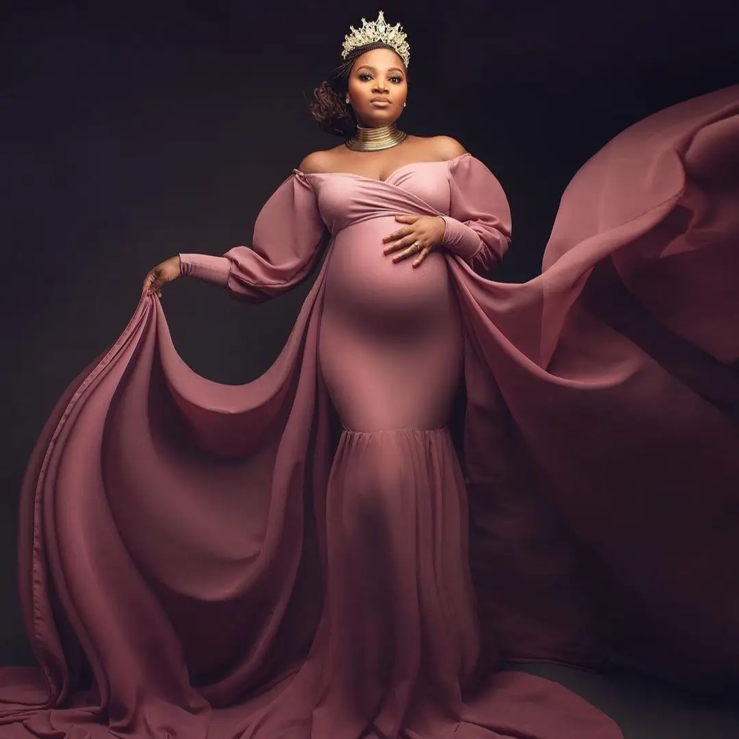 Vintage Maternity Dress for Women Long Sleeve Elastic Kimono Photography Prom Gown with Train Baby Shower Dress Vestidos