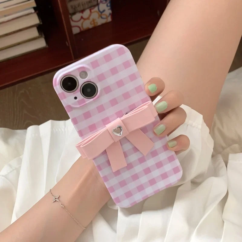 

Suitable for iPhone 15 Pro Max 11 12 13 14 Pro Max Plus Pink Grid Bow KnotMoblie Personality Phone Case Cover