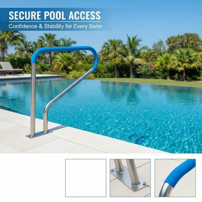 Corrimano per piscina, 990 x 100 x 812 mm, ingresso piscina, acciaio inossidabile con piastra di base per piscine interne/esterne, supporto per l'accesso alle piscine, maniglia antiruggine con coprimaniglia e accessori per spa - immagine 6