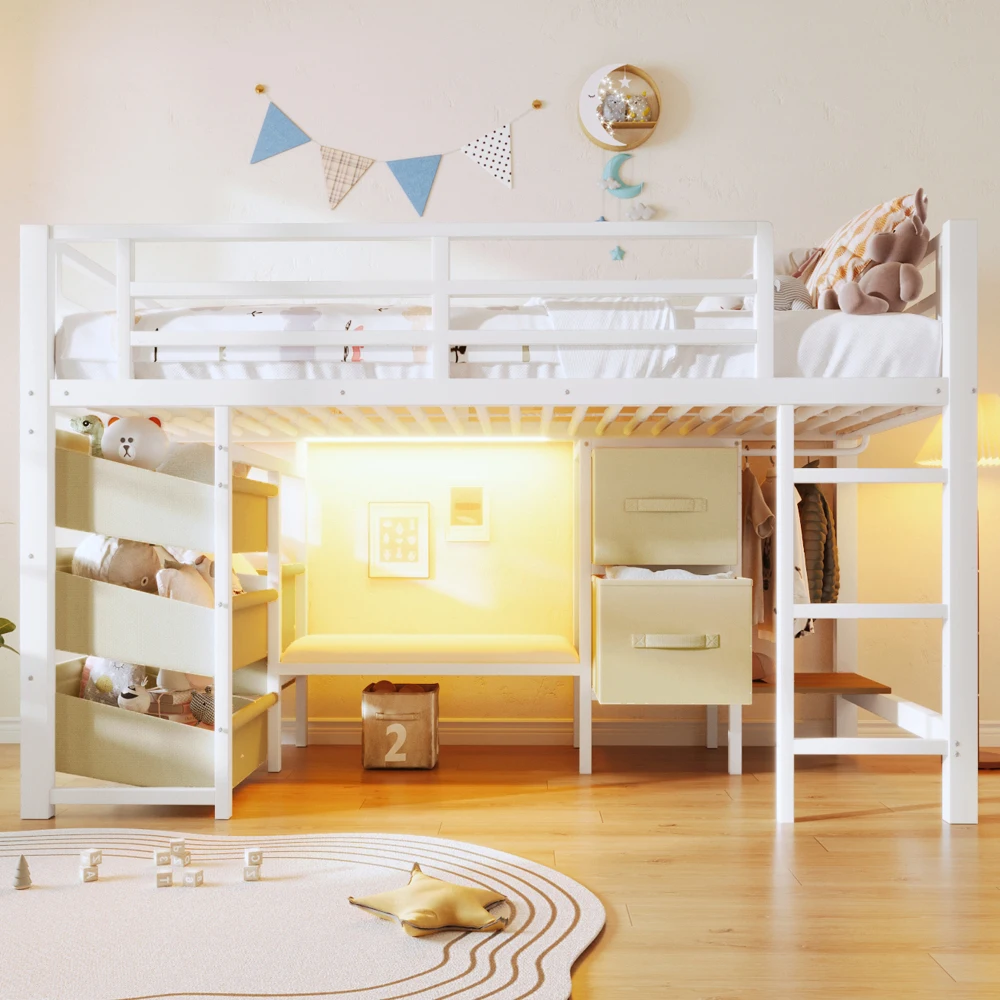 Schwarzes Metall-Halbhochbett 90x200cm Multifunktional Platzsparend mit Sitzkissen Stoffbezug LED-Beleuchtung Kleiderhakenbereich – Detail 30