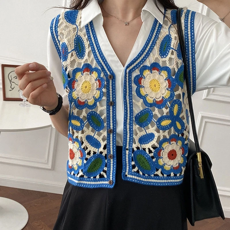 

Lovely Women Summer Waistcoats Sleeveless Button Down Crochet Ins Floral Knit Cardigan Tops Ins Korean Female Outerwear