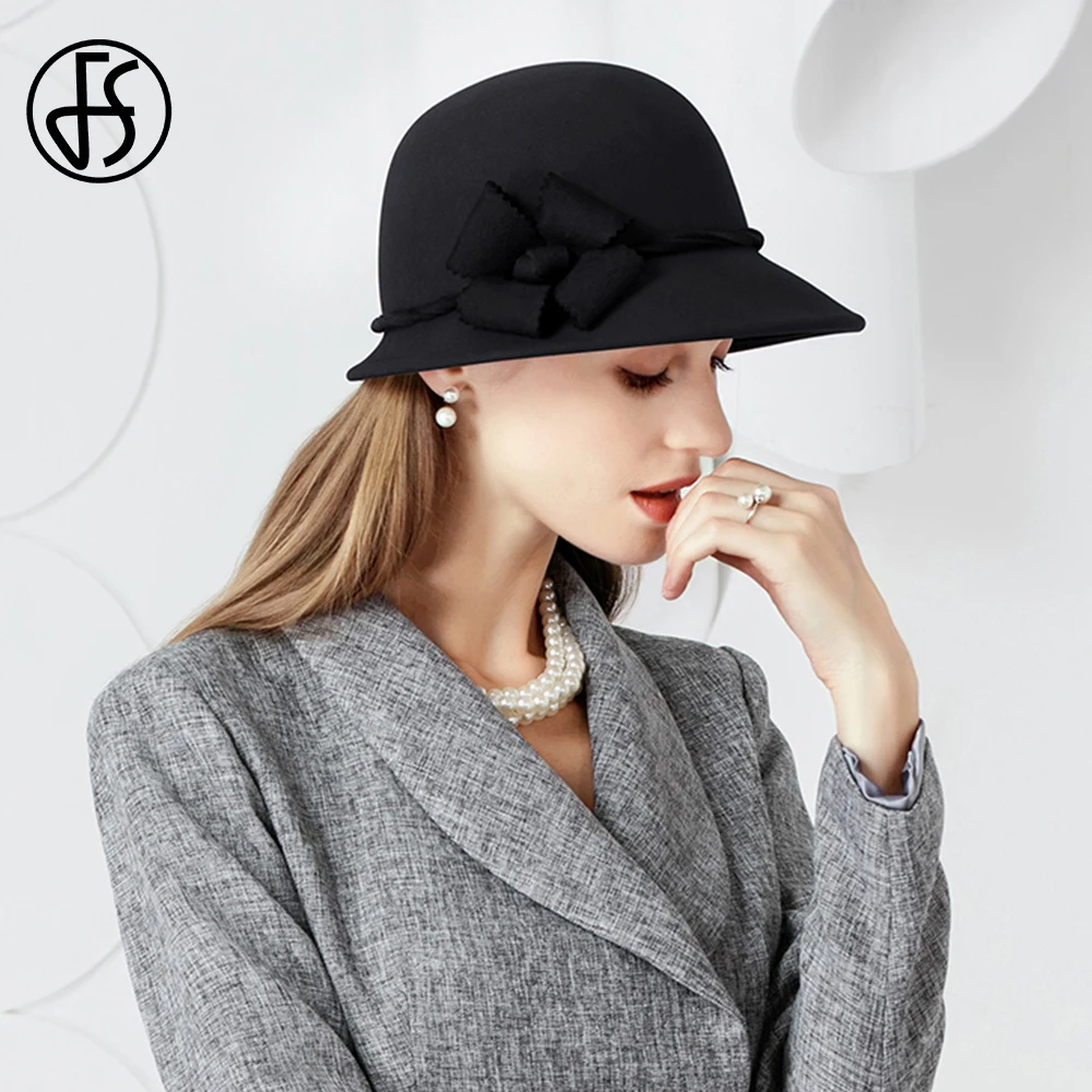 FS Deep Gray Wool Felt Fedoras Wide Brim Bowler Hats For Women Black Church  Millinery Chapeau Spring Ladies Cloche Cap - AliExpress