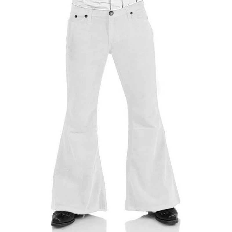 Men's premium corduroy flare pants with button closure, straight-leg fit, and elegant British-inspired casual fashion design. white