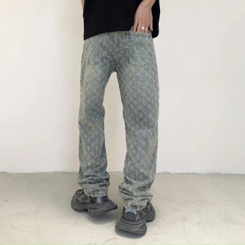 American Washed Jeans, Trendy Men'S Loose Fitting Straight Leg Men'S Printed Fashionable Denim Pants