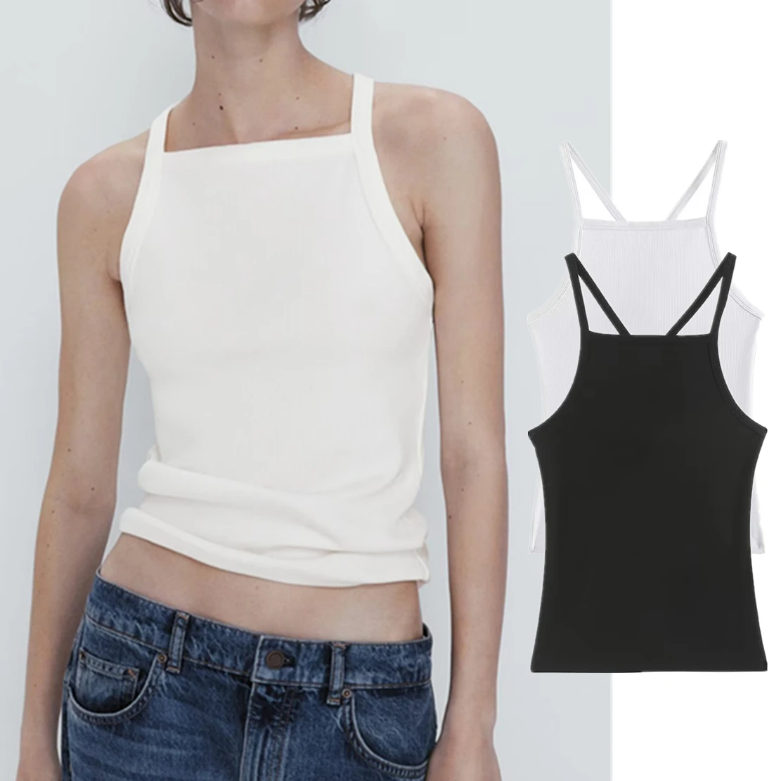 

Elmsk 2023 British Fashion Solid Cotton Slim Camisole Top Ladies Rib Summer Tshirts Women Strap T-shirt