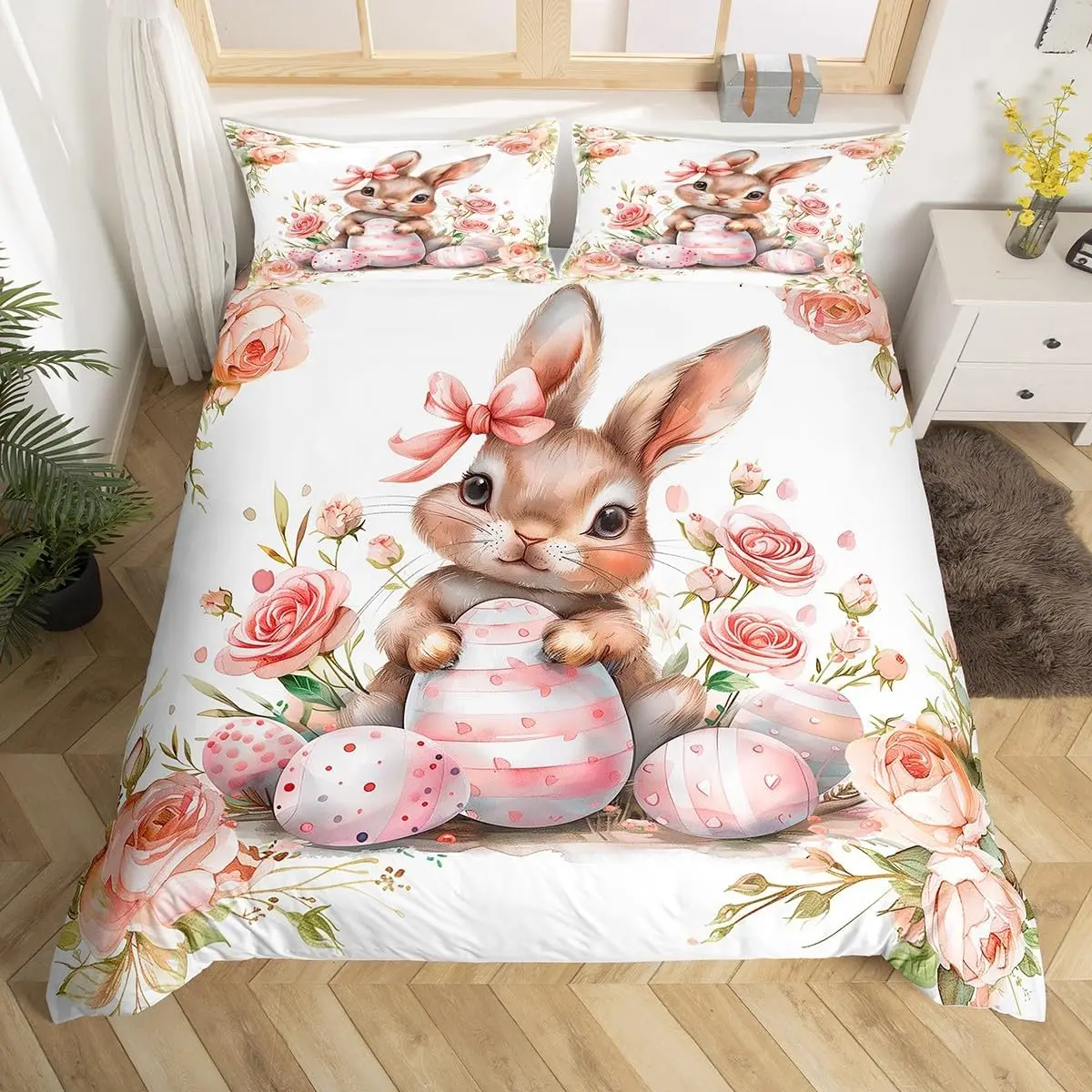 Easter Rose Rabbit Duvet Cover Cute Bunny Happy Easter Bedding Set Full for Kids Boys Girls,Rustic Flower Animal Comforter Cover 2