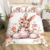 Easter Rose Rabbit Duvet Cover Cute Bunny Happy Easter Bedding Set Full for Kids Boys Girls,Rustic Flower Animal Comforter Cover 2