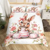 Easter Rose Rabbit Duvet Cover Cute Bunny Happy Easter Bedding Set Full for Kids Boys Girls,Rustic Flower Animal Comforter Cover 2