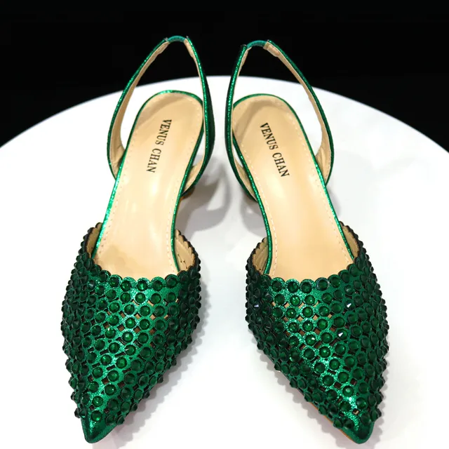 Venus Chan High Heels for Lady 2023 Luxury Designer Green Color Full Diamond Pointed Toe Wedding Shoe and Bag Set for Party 2