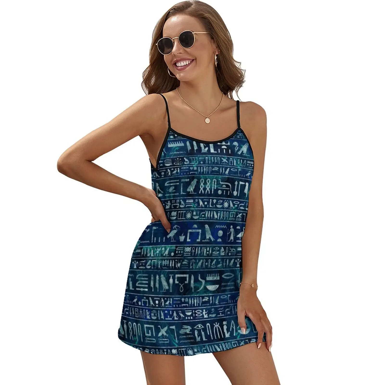 

Egyptian hieroglyphs -silver on blue painted texture Sleeveless Dress Evening dresses chic and elegant woman dress