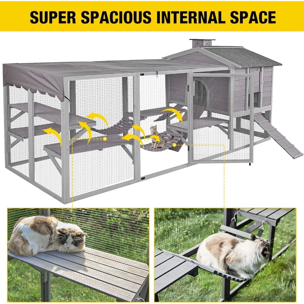 Cat House Catio Outdoor Cat Enclosures, Large Kitty House Condo Playpen with Platforms & Unique Deformation Cats