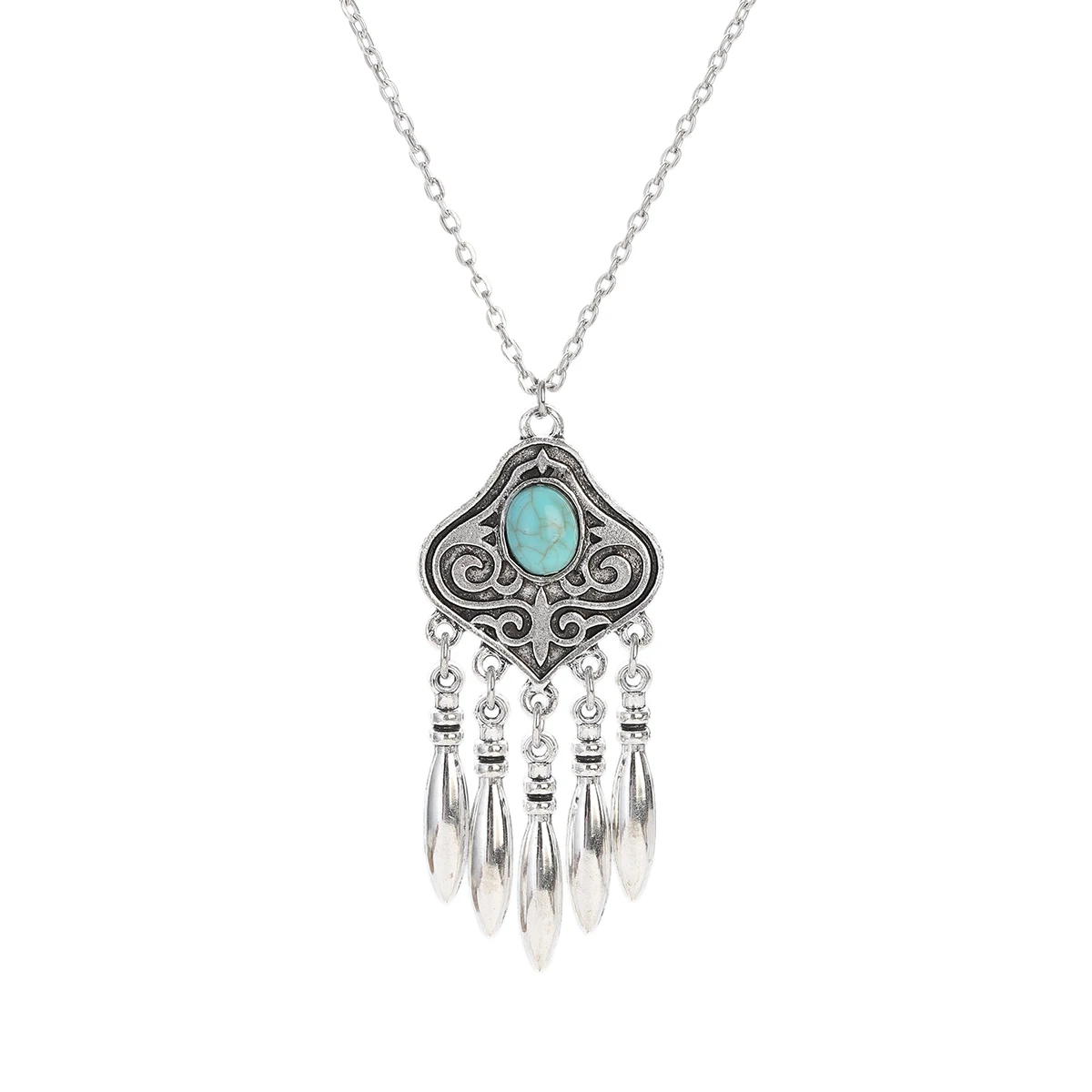 2023 Indian Jewelry Set Ethnic Silver Plated Geometric Carved Tassel Earring Necklace Women's Blue Turquoises Chain Jewelry