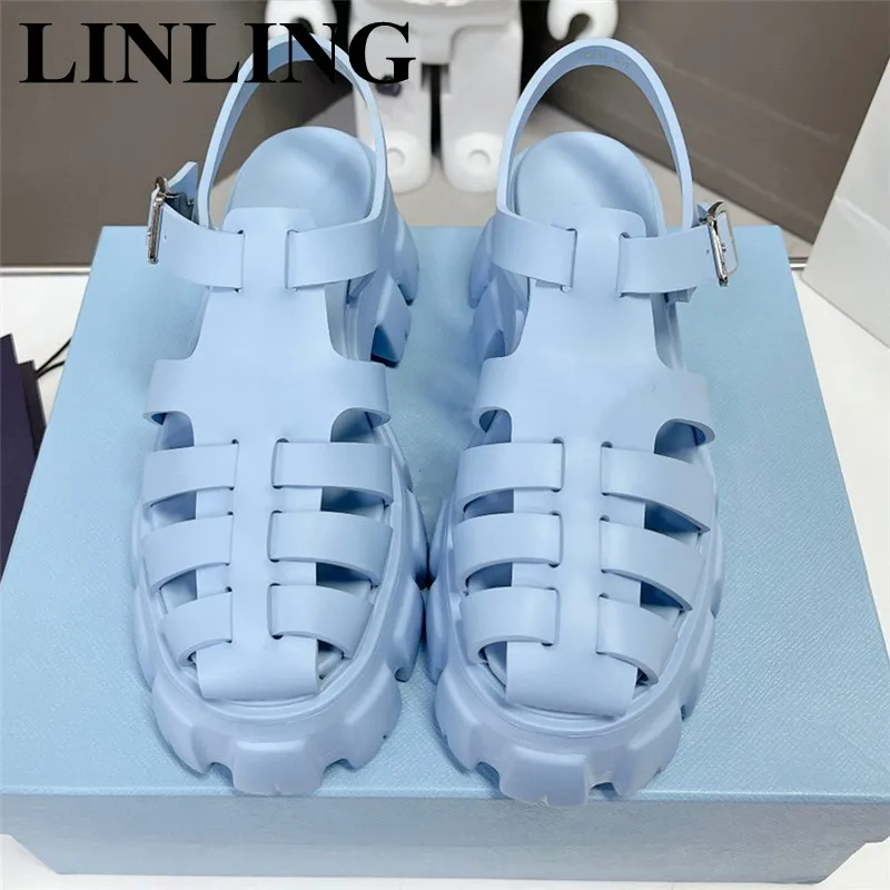 

Women Platform Beach Sandals Thick Sole Cutouts Gladiator Sandals Summer Round Toe Flats Shoes 2023 New Ankle Strap Women Shoes