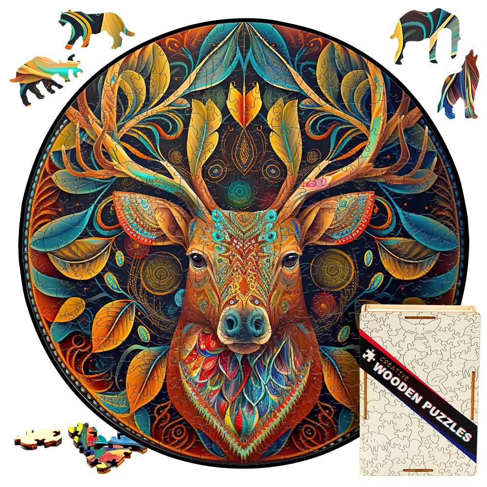 Wooden Puzzle For Adults Reindeer Puzzles Round Shape Animal Wood Puzzle Fun Challenging Deer Puzzles Gifts For Children Guest vintage round wood grain trash can guest room trash can hotel plastic trash can garbage bin