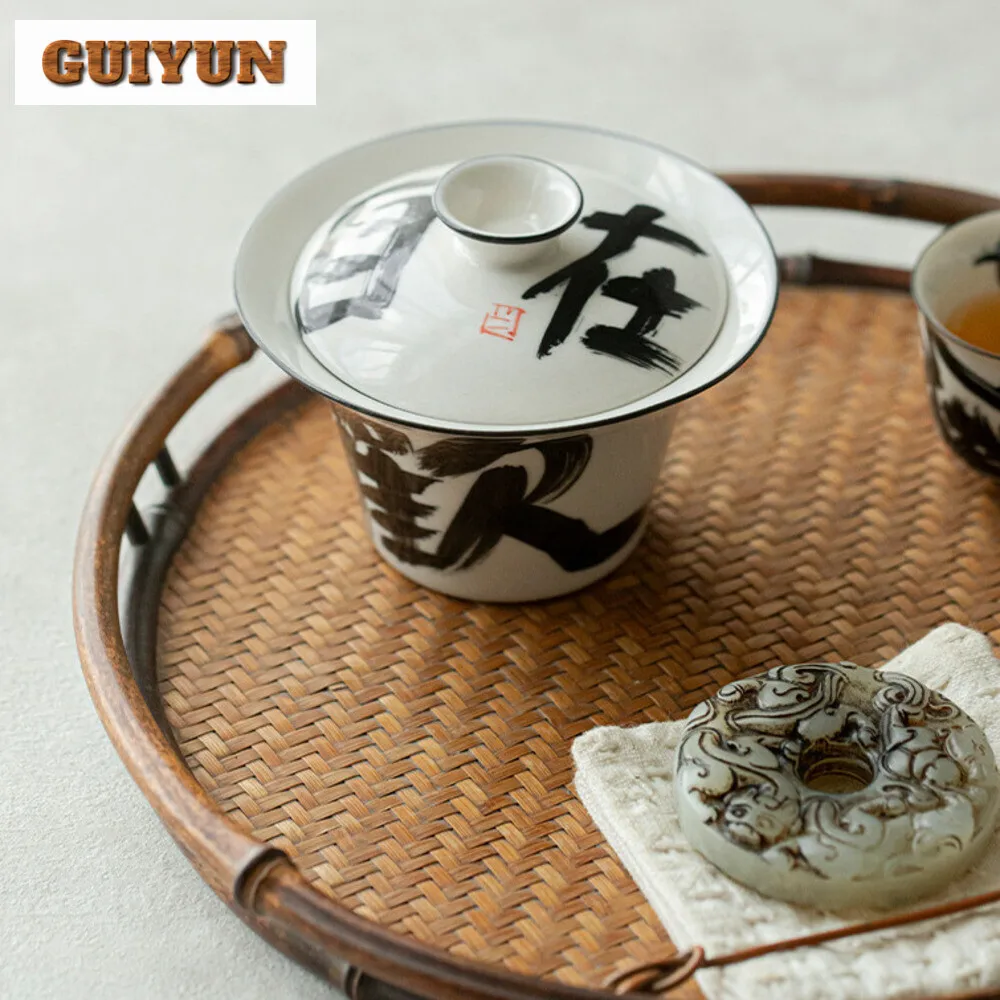 110ml Handwritten High-feet Cover Bowl Household Anti Scald Horseshoe Gaiwan Chinese Tea Tureen Tea Brewing Teaset Ornaments
