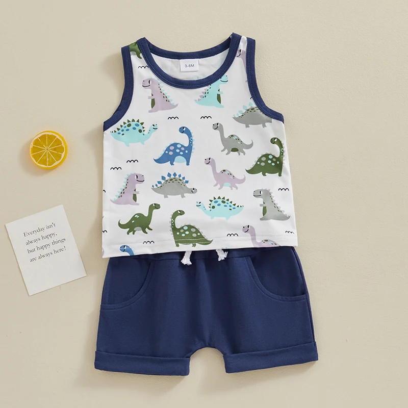 

2pcs Baby Boy Summer Clothes Dinosaur Print Vest Tank Top Elastic Pockets Shorts Set Toddler Kids Outfits Set