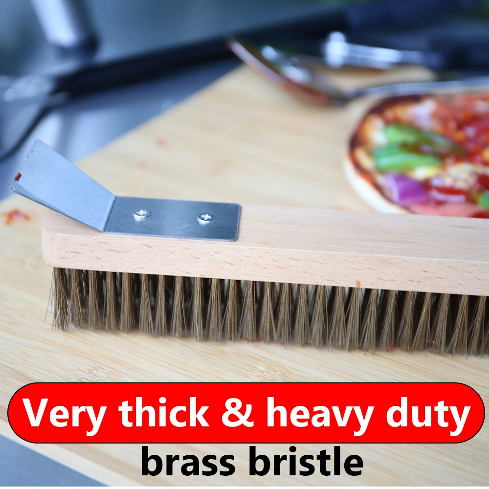 Pizza Oven Copper Brush Wood Handle Bristle Brass Scraper Household Grill Cleaning Brush Oven Accessories 22 inch
