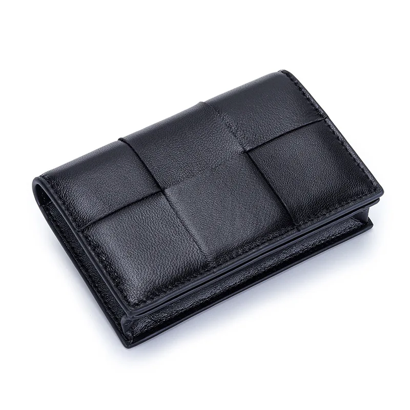 

2023 New Sheepskin Card Holder Wallet Multifunctional Women Business Card Organizer Case Box Coin Purse Woven Leather Cardbag