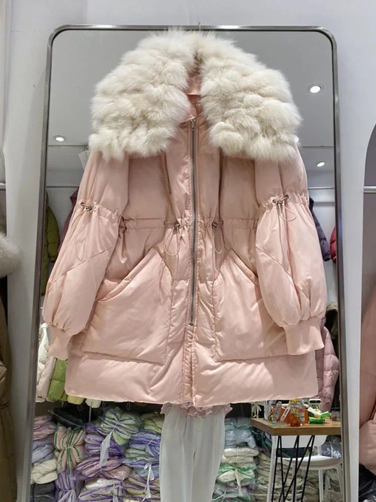 

2023 Новый пуховик, зимний женский пуховик с натуральным лисьим большим меховым воротником, белый пуховик на утином пуху, женские осенние зимние пальто средней длины для женщин