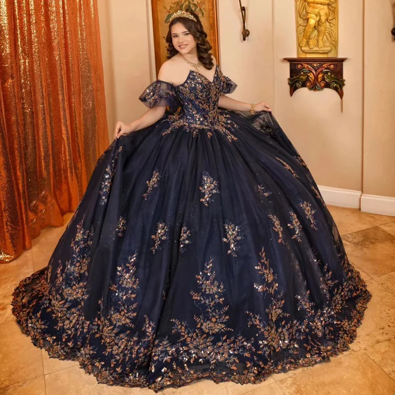 

Dark Navy Off The Shoulder Beading Ball Gown Quinceanera Dresses Sequined Appliques Lace Beads Corset Vestidos De 15 Años