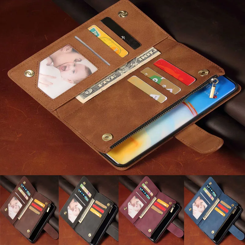 Luxury Leather Wallet with Magnetic Zipper - Retro Flip Card Stand Mobile Case