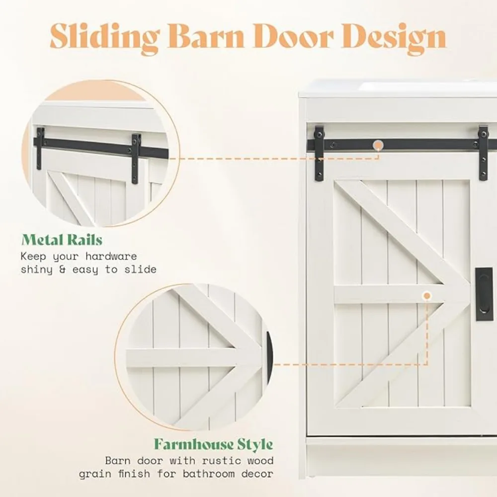 Farmhouse Bathroom Vanity with Sink Combo,Sliding Barn Door Bathroom Vanity Cabinet Set with Storage Drawers, Metal Handles 3