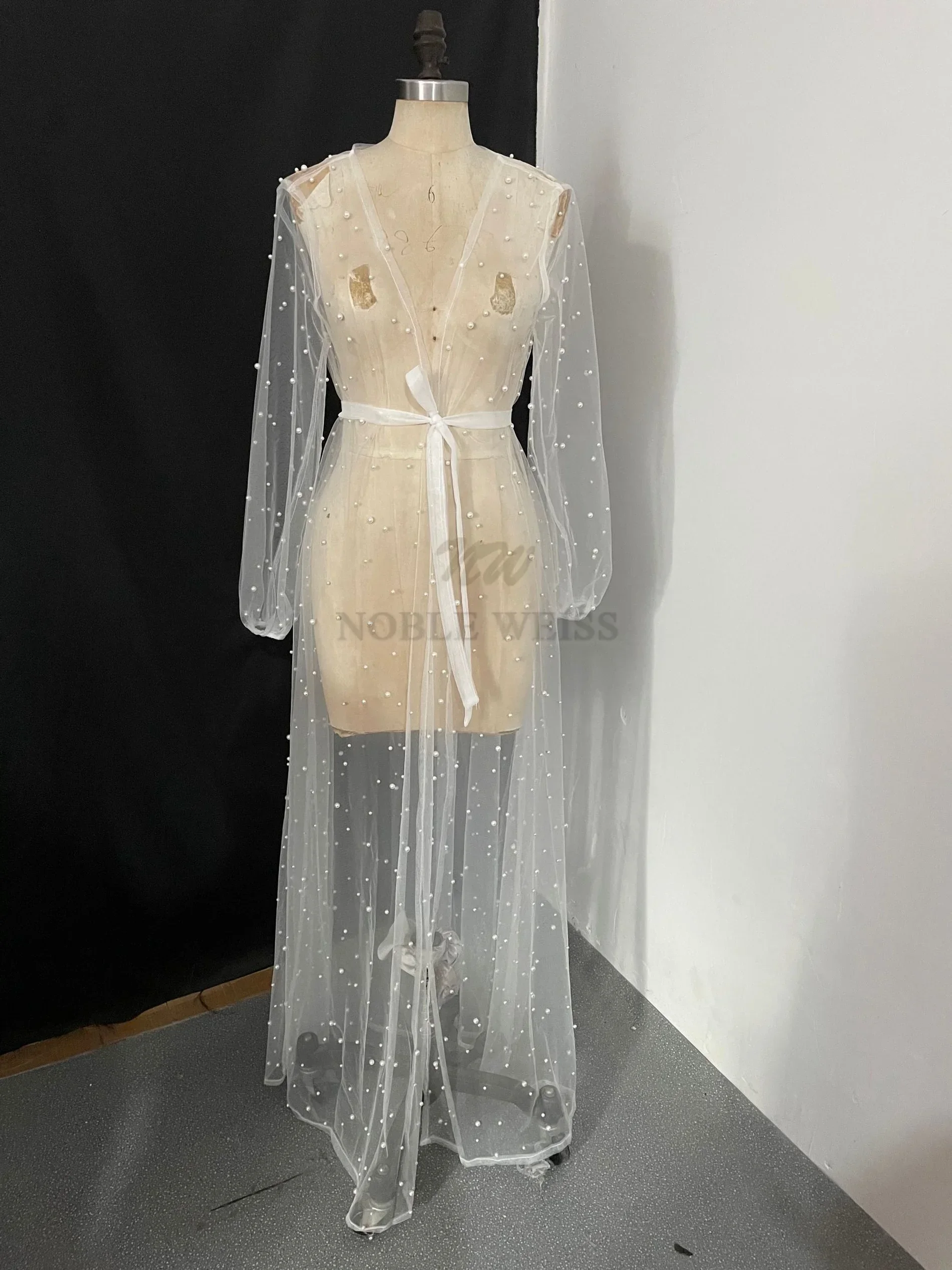 Pearl Long Sleeve Wedding Jacket Tulle Party Shawl BOLERO Floor-Length Bridal Cape Sexy pearl robe Customized