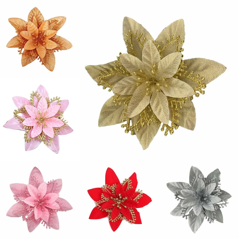 

13cm Christmas Glitter Poinsettia Flower Decorative Xmas Tree Flowers for Wreath Ornaments Wedding Party Spring Festival