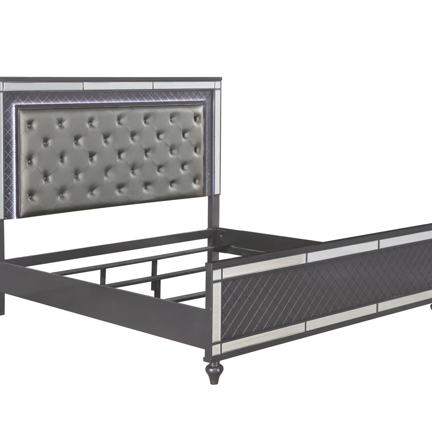 Modern Glam Style Upholstered Headboard Button Tufting Glass Inlay 1pc King Size Panel LED Lights Bed Gray Faux Leather Finish S 5
