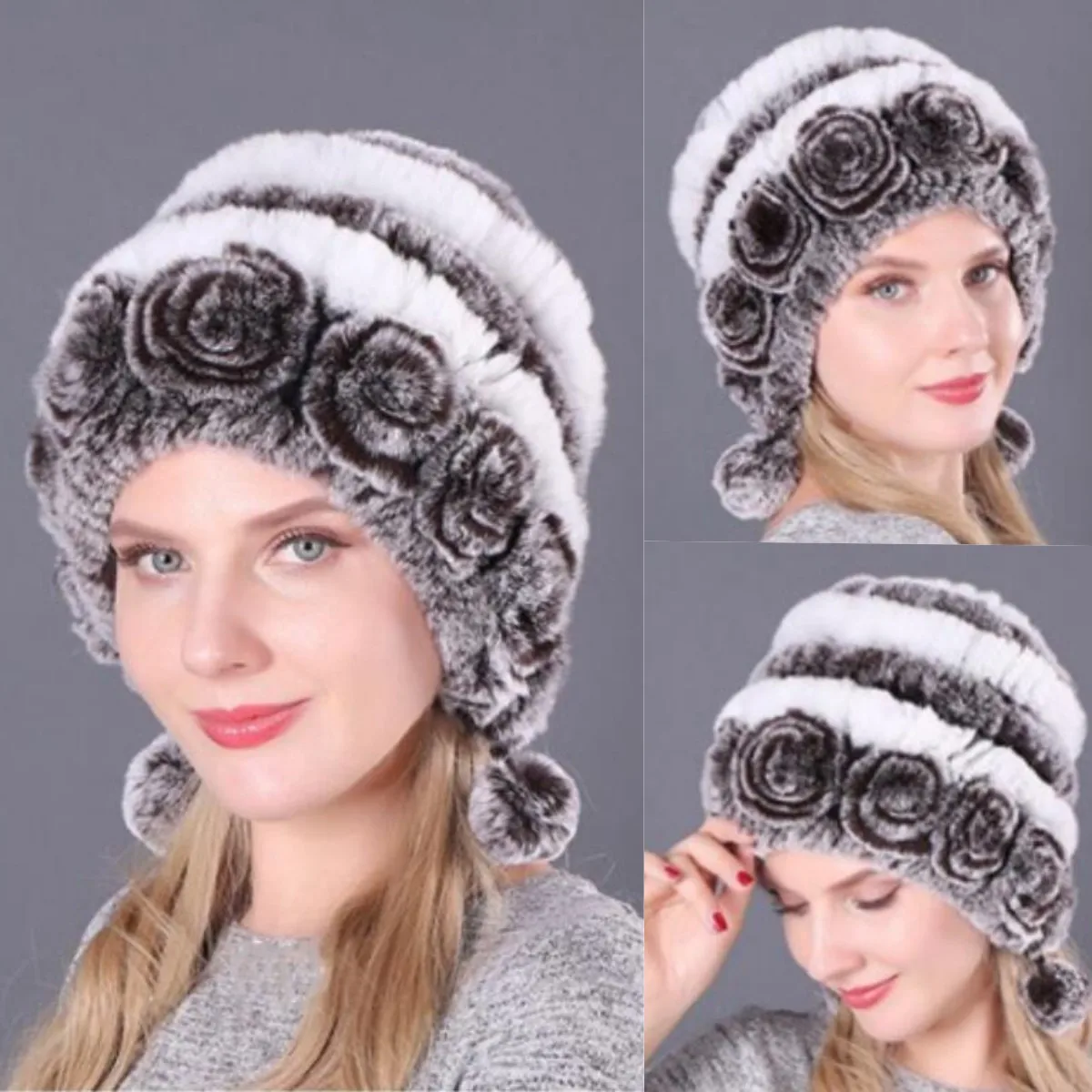 

Winter Women Flowers Striped Natural Rabbit Fur Hats Lady Warm Knit Genuine Fur Caps Russian Outdoor Fur Hats