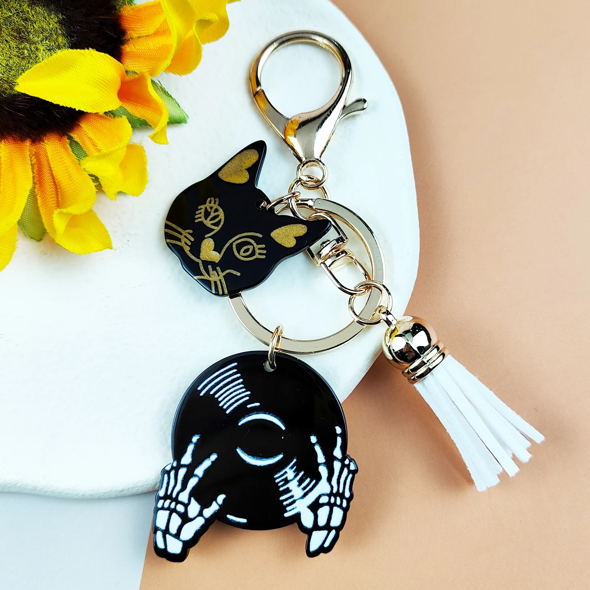2Pcs Cat Head Skull Hand Play Compact Disc Ciondoli In Acrilico Con Nappe Portachiavi Borsa Fai Da Te Car Key Decor Regalo Portachiavi Di Halloween