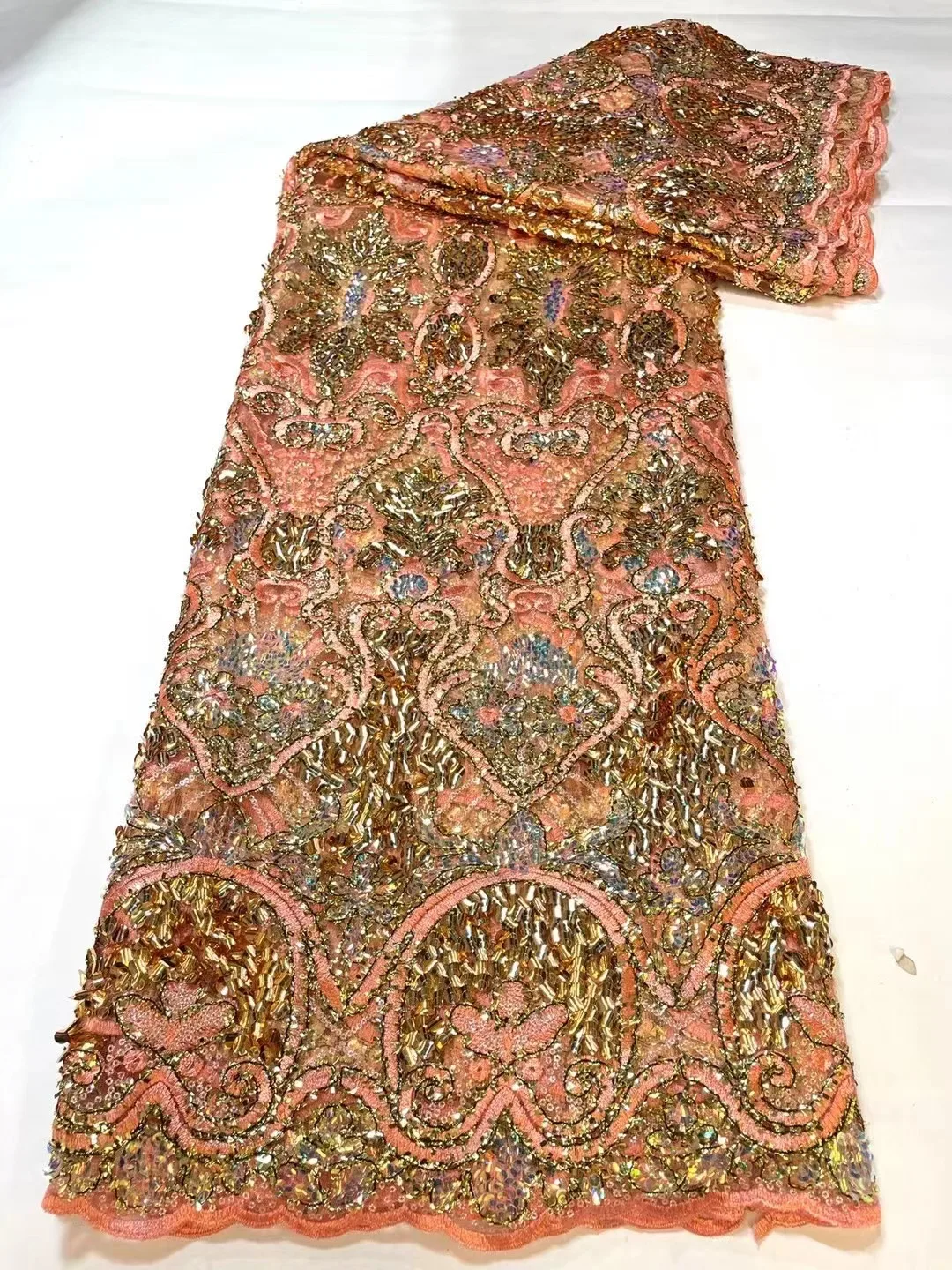 

African High Quality Lace Fabric 2023 Peach French Net Sequins Fabric Sewing Embroidered Lace in Tulle Nigeria Fabric 5 Yards