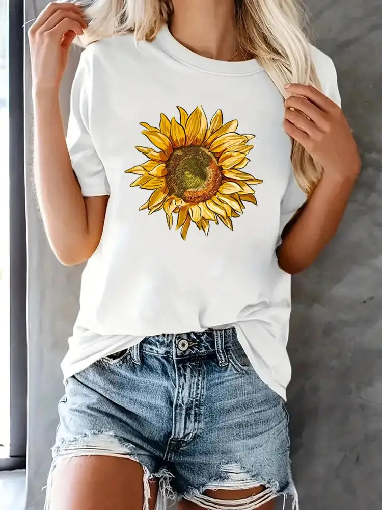 

Tee Women Top Short Sleeve Printed T Shirt Clothing Female Sunflower Letter 90s Trend Fashion Casual Clothes Graphic T-shirts