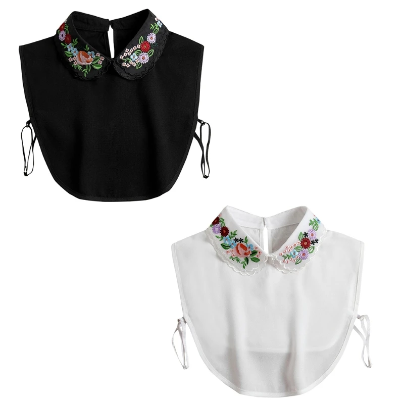 

Women Lace Detachable Dickey Blouse False Collar Vintage Embroidery Flower Double Layer Lapel Half Shirt Keyhole Button