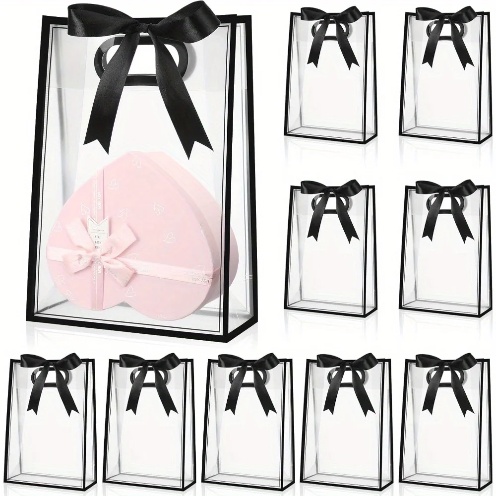 10 Stück durchsichtige Geschenktüten aus Kunststoff mit gestanzten Griffen, wiederverwendbare PP-Geschenktüten mit Band für Hochzeit, Braut, Geburtstag, Party, Leckereien