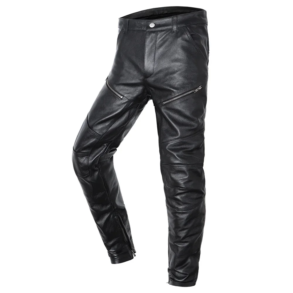 Motorcycle Genuine Leather Pant Men's Cowhide Trousers For Man High Quality Moto Biker Slim Pants Can Install Knee Protectors 2