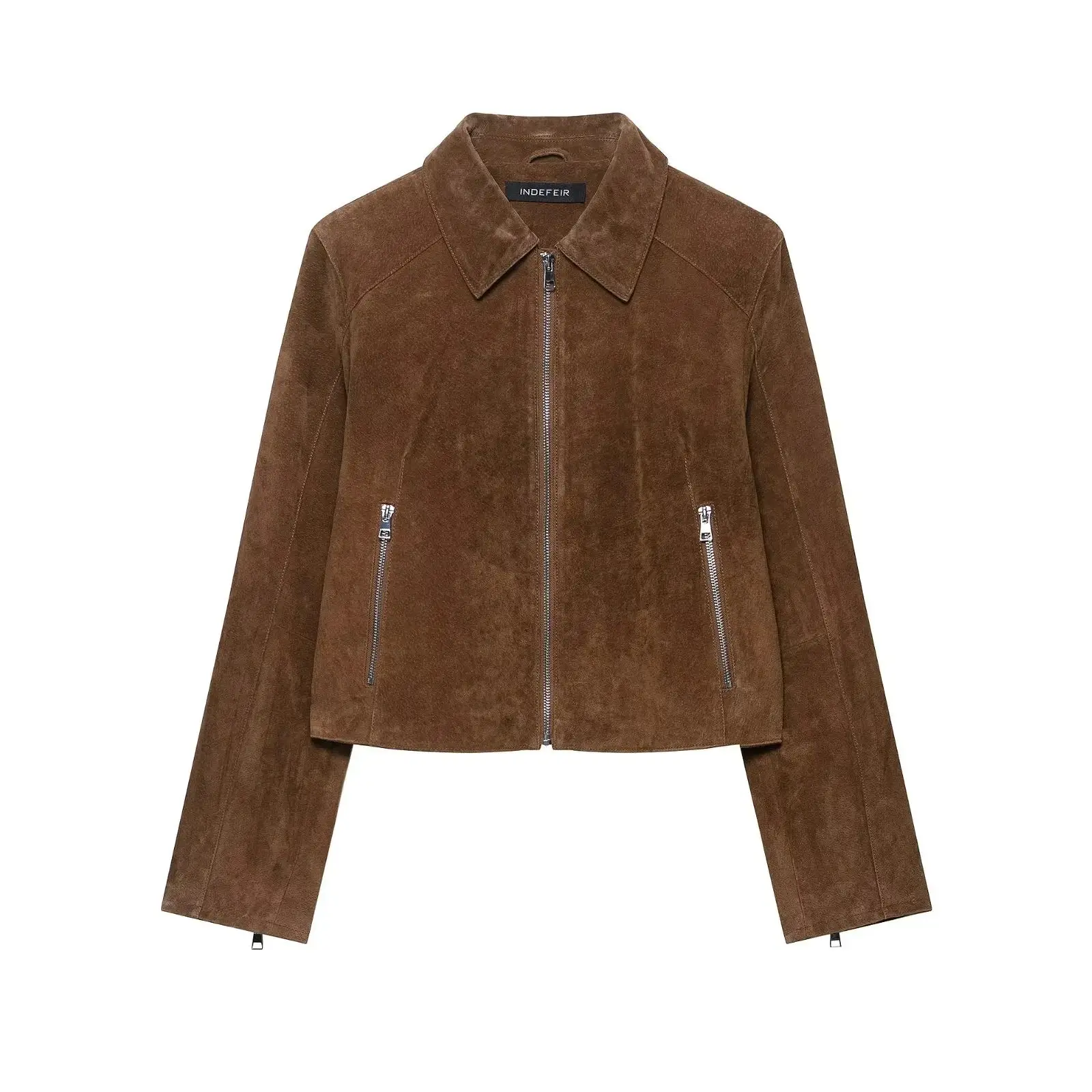KONDALA 2025, Herbst und Winter, Wildleder, mit Reißverschluss, Streetwear, Damenjacken, modisch, lässig, Umlegekragen, braun, schick, elegante Damenjacken – Detail 2
