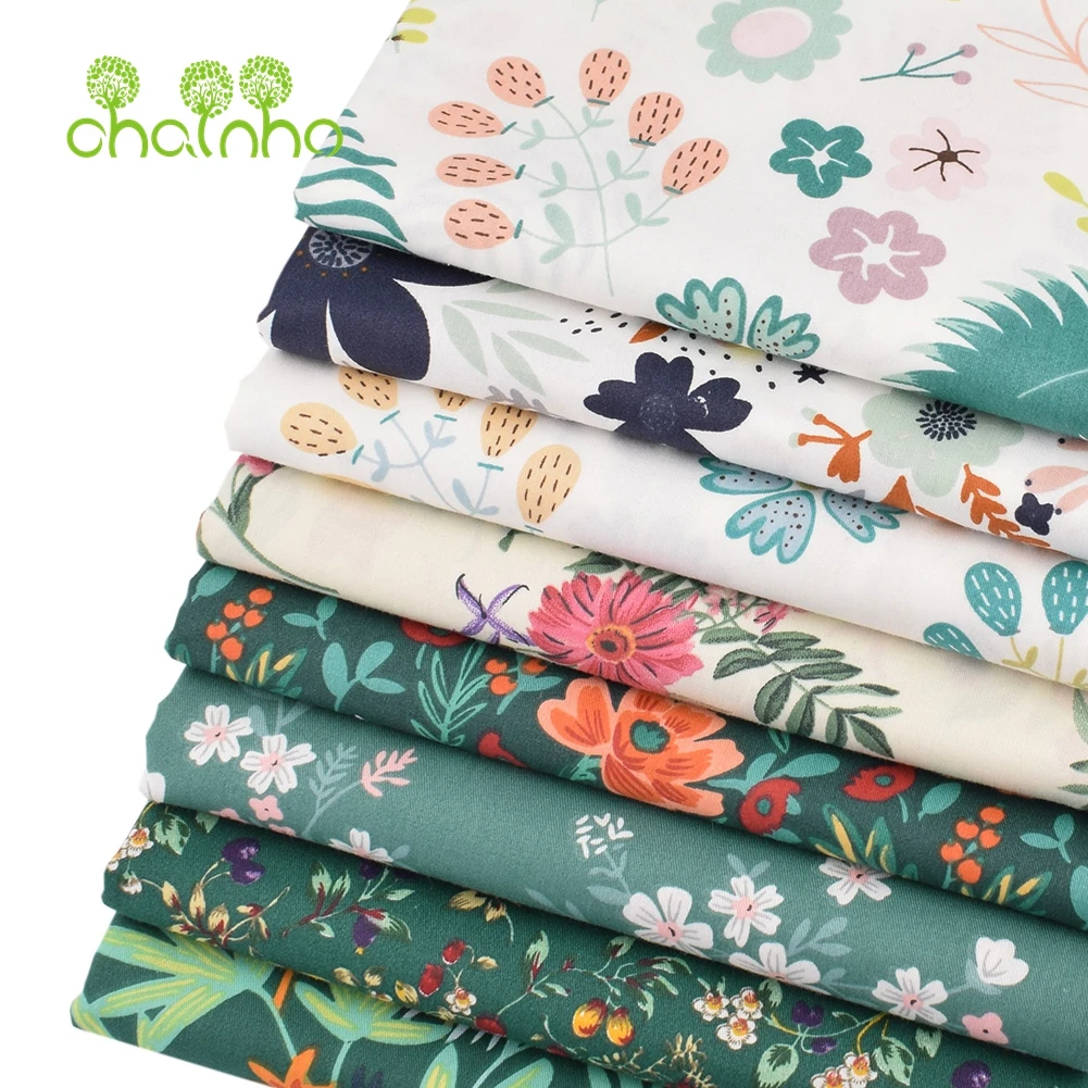 Chainho,Printed Twill Weave Cotton Fabric,Patchwork Cloth,DIY Sewing Quilting Material,Green Floral Series,4 Specification,CC271