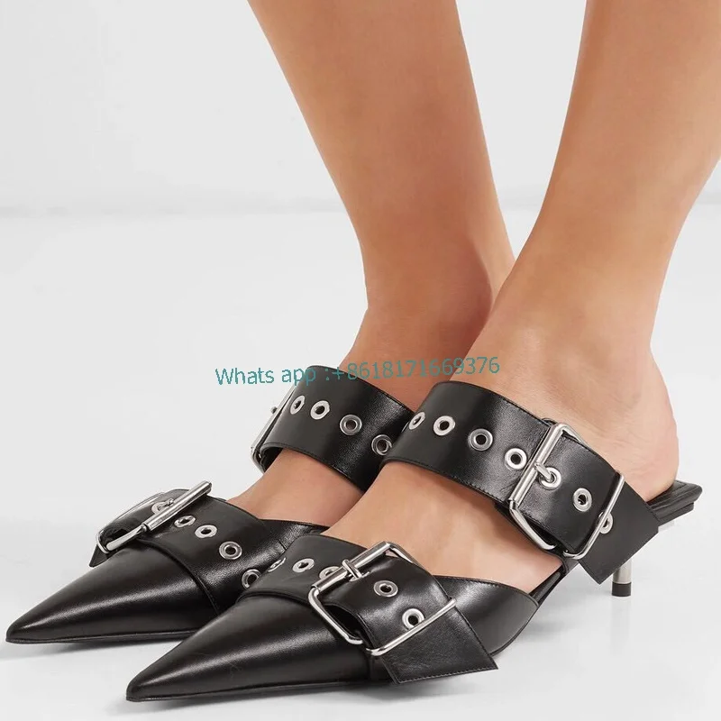 

New Unique Luxury Vintage Belt Buckle Pointed Toe Mule Slippers Stiletto Middle Heel Outside Shoes Wearing Close Toe Sandals