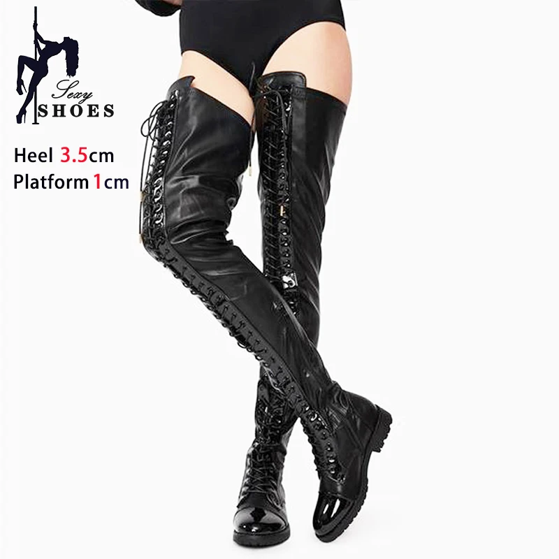 3.5CM Low Heel Thigh High Boots Black Leather Motorcycle