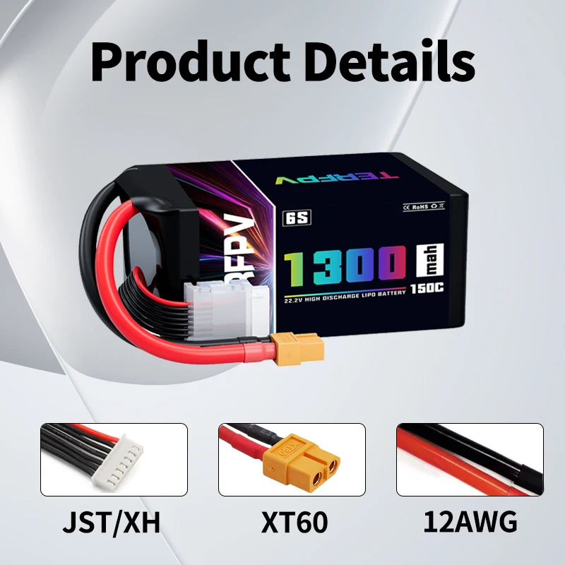Batterie Lipo TERFPV 6S 1300mAh 150C XT60 avec câble XT60 et connecteur équilibreur