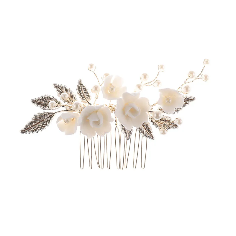 Floralbride Handmade Alloy Leaf Crystal Rhinestone Ceramic Flower Pearls Bridal Hair Comb Wedding Hair Accessories Women Jewelry