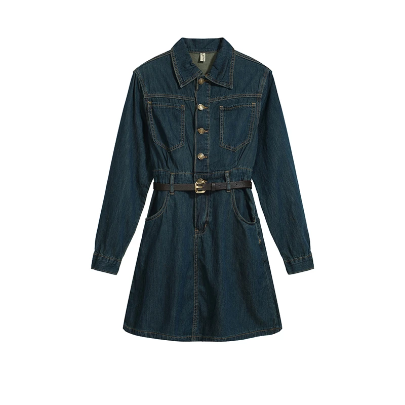 

Vintage Single-breasted Long-sleeved Denim Dress Women's Spring Autumn New Polo Neck Shirt Over-the-knee Skirt Female