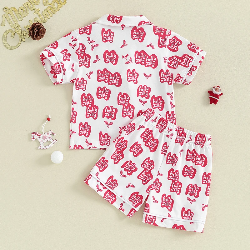 

2Pcs Toddler Girl Holly Christmas Pajamas Short Sleeve Button-On Shirt Top Pants Baby Christmas Pjs Set