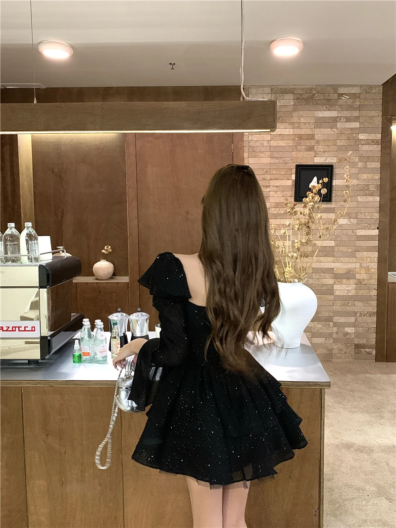 Y2K Black Short Dresses for Women Diamonds Square Collar Flare Sleeve High Waist A-line Birtheday Party Dress Prom Mini Vestidos